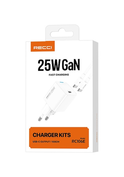 Recci Rc106e Gan Teknolojili Hızlı Şarj Başlığı Type-c To Type-c Pd 25w Kablolu Şarj Seti Beyaz