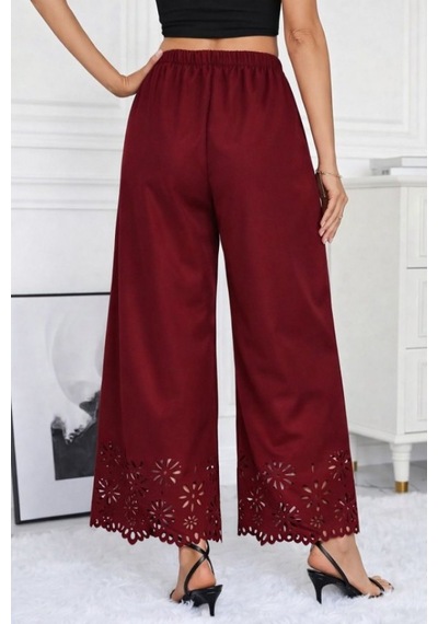 Efnaz Style Kadın Yüksel Bel Beli Lastıklı Çiçek Desenli Lazer Kesım Detaylı Ithal Krep Pantolon Bordo