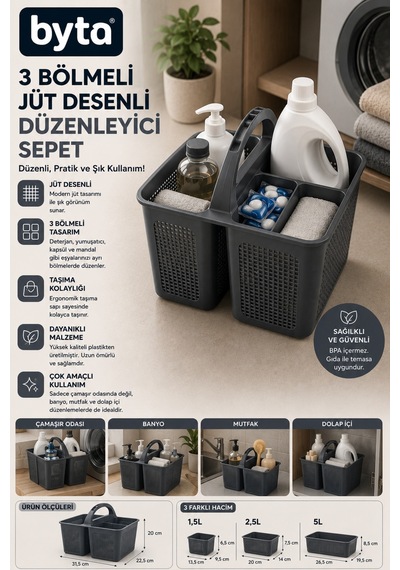 3 Bölmeli Jüt Desenli Çok Amaçlı Düzenleyici Sepet Taşıma Saplı Deterjan Organizeri 1,5l + 2,5l + 5l Siyah
