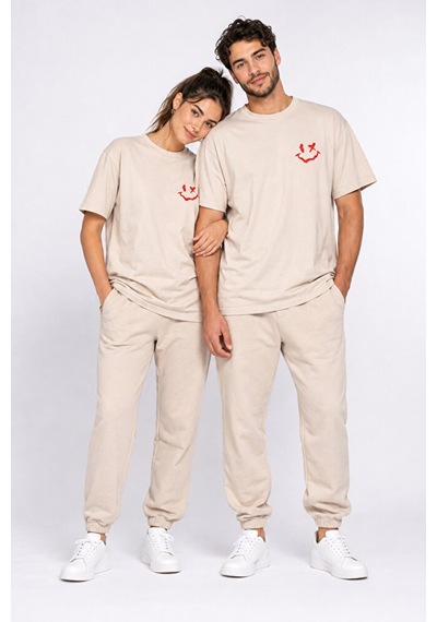Nevermind Sevgili Kombini Smiley Baskılı Çift Tişört Oversize Unisex %100 P Bej
