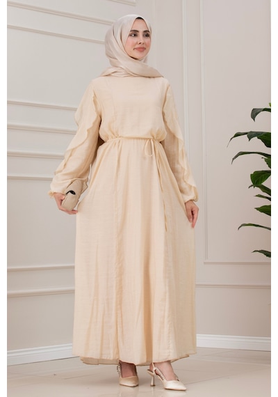 Sevitli Kolları Fırfır Detaylı Simay Elbise-bej-5790