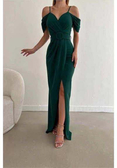 Lior Design Kadın Trend Krep Kumaş V Yaka Yırtmaçlı Abiye Elbise Zümrüt