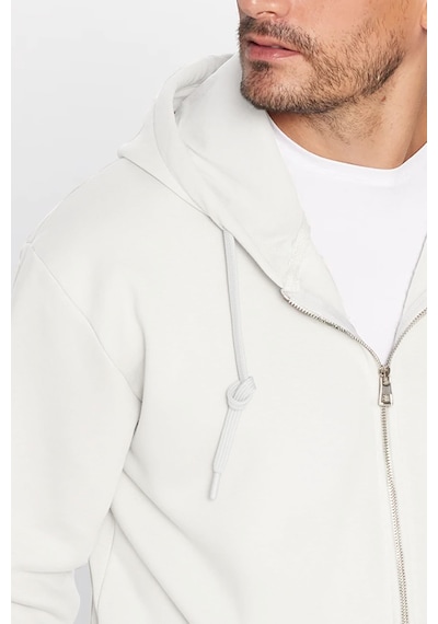 Tudors Unisex Relax Fit Rahat Kesim Pamuklu İçi Polarlı Çift Cepli Fermuarlı Beyaz Kapüşonlu Sweatshirt-32826 Beyaz