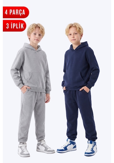 Fyk Kids 2'li Düz 3 İplik Kışlık Kanguru Cepli Kapüşonlu Erkek Çocuk Eşofman Takımı Gri - Lacivert