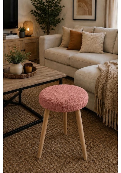 Solo Teddy Kumaş Kaplı Tabure Puf Makyaj Masası Mutfak Balkon Salon Ahşap Ayaklı Tabure Gülkurusu Gülkurusu