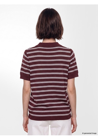 Lcw Modest Bordo Polo Yaka Çizgili Kadın Triko Kazak