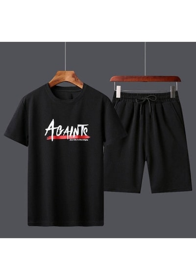 Againts T-shirt Şort - Siyah Alt Üst Takım Şort Tişört Kombin Baskılı Bisiklet Yaka Siyah