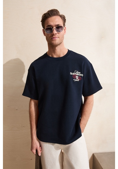 Grimelange Dukı Erkek Bisiklet Yaka Organik Pamuklu Baskılı Oversıze Lacivert T-shirt Lacivert