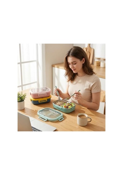 800 Ml Kapasiteli 2 Bölmeli Paslanmaz Çelik Lunch Box, Kilitli Kapak Ve Çatal Kaşık Dahil