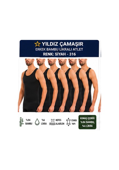 Yıldız Çamaşır Erkek Bambu Likralı Askılı Atlet 315-316-317-318 - 6 Adet Siyah