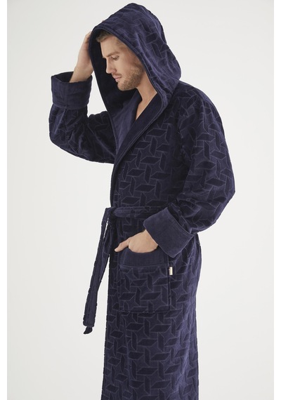 Jakarlı %100 Cotton Erkek Bornozu Lacivert