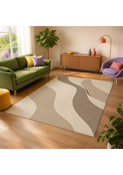 Kartela Halı Akış Dalgalı Modern Halı Bej Kaymaz Taban Makinede Yıkanabilir Salon Halısı 120x180 Cm