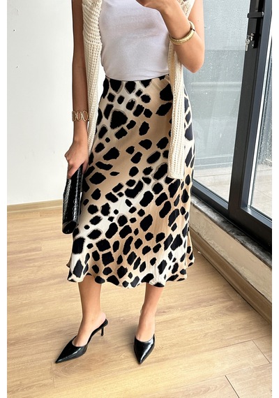 Mixray 4647 Kadın Beli Lastikli Leopar Saten Etek Bej