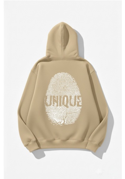 Uyguntarz Unisex Yumuşak Dokulu Unique Fingerprint Baskılı Tasarım Oversize 3 İplik Hoodie Sweatshirt Bej