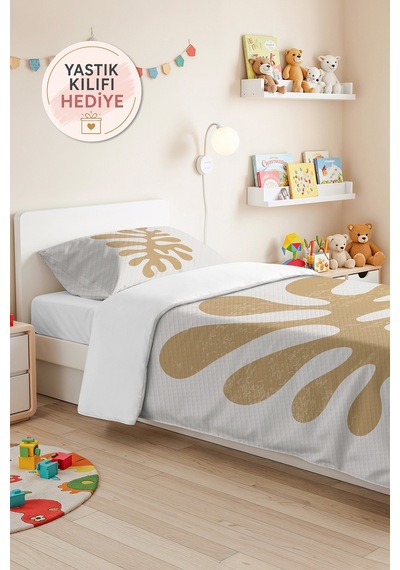 Bej Yaprak Minimal Genç Odası Tek Kişilik Pike Takımı - Bohem 160x220 Cm Kapitone Yatak Örtüsü Gizli Sükunet Sükuneti