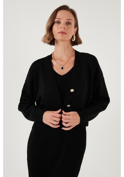 Lela V Yaka Düğmeli Triko Crop Bayan Hırka 4616170 Siyah