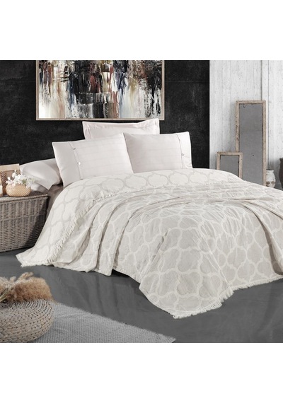 Damask Design Çift Taraflı Jakarlı Keten Pamuk Dokuma Battal Boy( Bej-240X260 Cm Bej