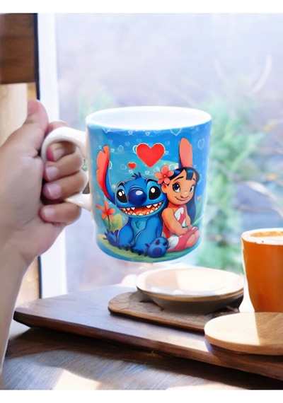 Lilo & Stitch Temalı Kalpli Lilo Ve Stitch Çift Baskılı Seramik K Beyaz