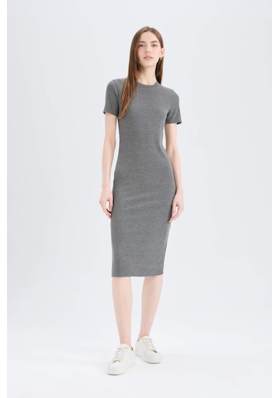 DeFacto Bodycon Vücudu Saran Bisiklet Yaka Basic Düz Fitilli Kaşkorse Kısa Kollu Midi Elbise E6926AX25SPAR15