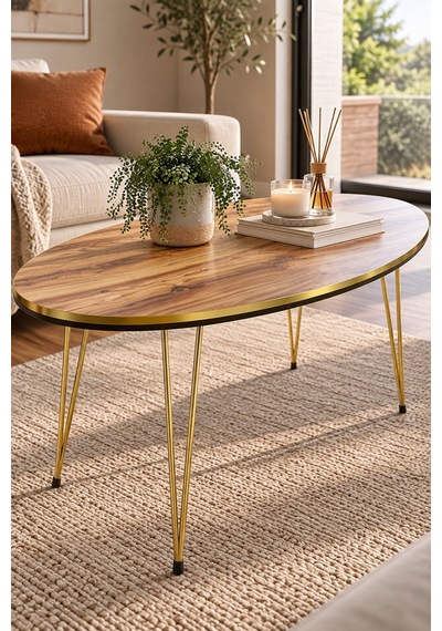 Sulorahome Orta Sehpa Elips Formunda Ceviz Desenli Gold Metal Ayaklı