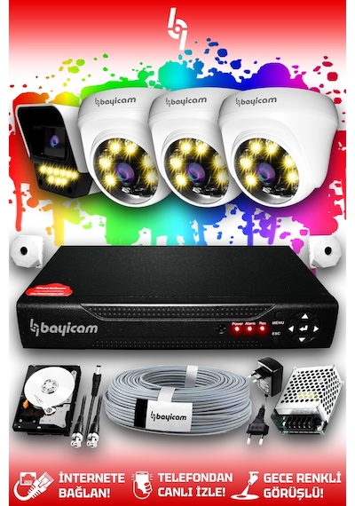 Bayicam 4 Kameralı Süper 3 İç Kamera Set 320 GB 5 MP 2K Renkli Gece Görüşlü Güvenlik Kamerası Sistemi