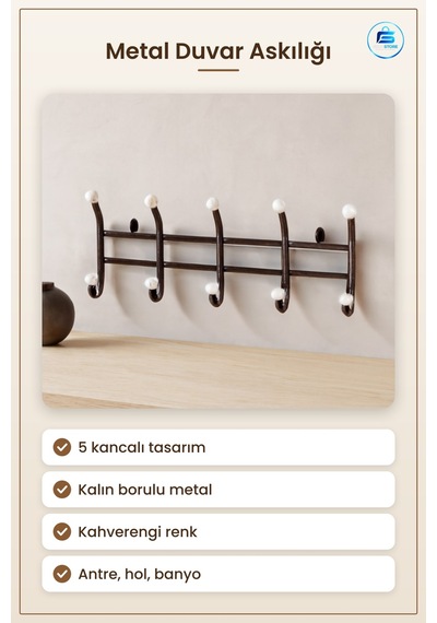 Kalın Borulu Metal Duvar Asılığı Askılık 5 Kanca Antre Hol Giriş Çok Renkli