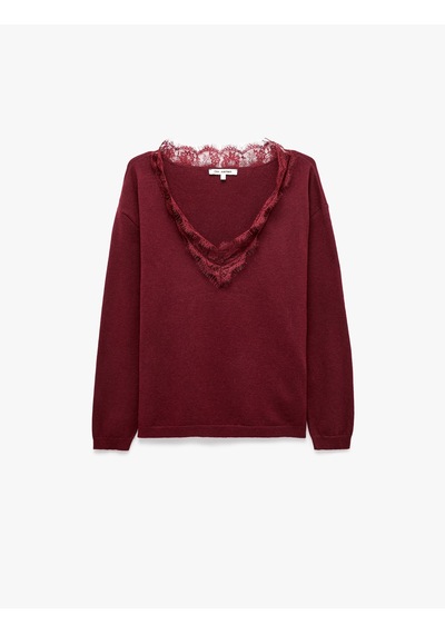 Koton Dantel Detaylı Regular Fit V Yaka Uzun Kollu Triko Kazak Bordo 7wal90144ıt