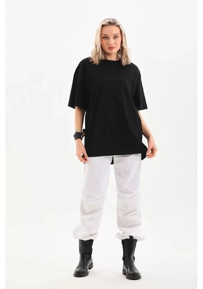 Ge Ticaret Unisex Bisiklet Yaka 20/1 Düz Oversize T-shirt - Siyah SIYAH
