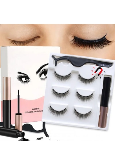 3d Manyetik 6 Adet Takma Kirpik Seti 3 Çift + 1 Adet Likit Eyeliner Yapıştırıcı + Kirpik Cımbızı