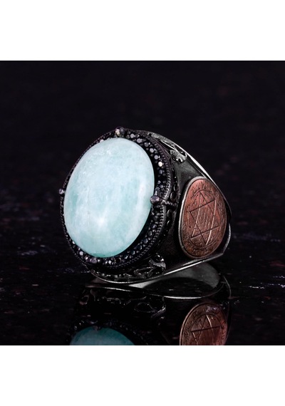 Doğal Cabochon Amazonit Taş Yüzük, Sürekli 925k Katı Gümüş Erkek Yüzüğü - Süleyman Mührü Gümüş Yüzük Gümüş