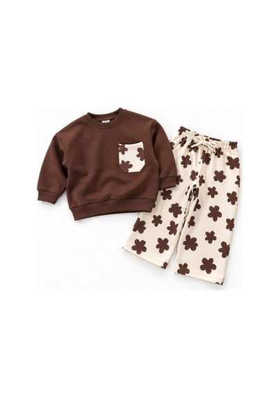 Çiçek Desenl Kız Çocuk Kahverengi Sweatshirt & Eşofman 3ip Alt Üst Takım