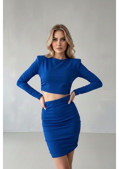Defymoda Kadın Davet Şıklığı Vatkalı Elbise Mavi