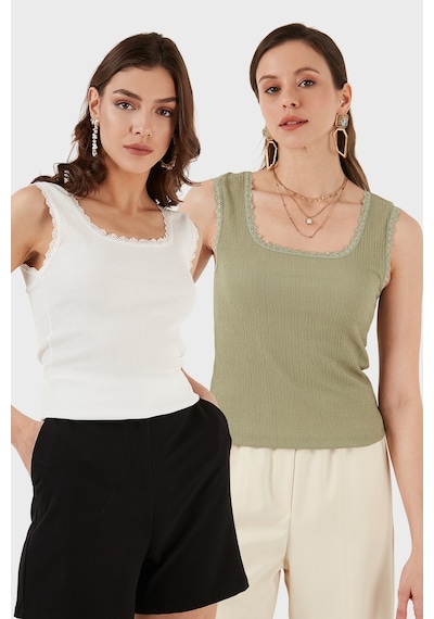 Lela Slim Fit Kalın Dantelli Kare Yaka Bürümcük 2'Li Paket Bayan Atlet 5864979S2 Ekru-Olive