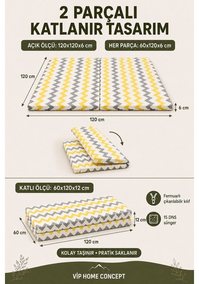 Oyun Alanına Uygun Katlanabilir Sünger Oyun Parkı Minderi Bebek Yatağı - Sarı Gri Zikzak 120x120x6 CM