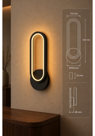 Dekoratif 20w Halka Modeli İç Mekan Siyah Kasa Amber Işık 30 Cm Duvar Aplik Pilli 2 Adet