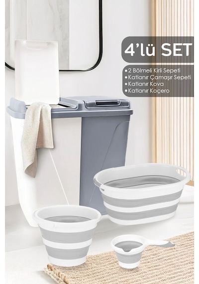 4'lü Set - 90 Lt İki Bölmeli Kirli Çamaşır Sepeti Katlanabilir Sepet Akordiyon Su Kovası Maşrapa Gri Gri