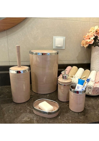 Makri Home Banyo Seti 5'li,yuvarlak,akrilik-çöpkovası, Wcfırçalık,sıvı Sabunluk,diş Fırçalık,el Sabunluk Somon