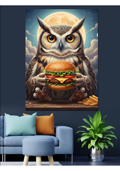 Ahşap Tablo Burger Yiyen Bilge Baykuş Dekoratif Tablolar