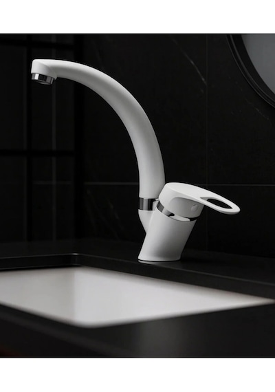 Mix Kuğu Sıcak Soğuk Çift Su Girişli Mutfak Ve Lavabo Musluğu Bataryası Beyaz