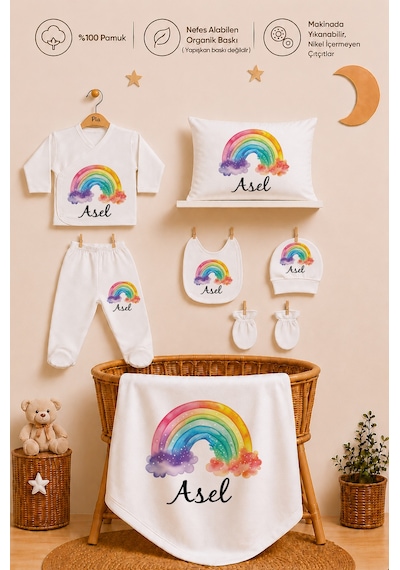 Pia Baby 11 Parça İsme Özel Kız Bebek Hastane Çıkışı %100 Pamuk Organik Baskılı 1019113x Ekru