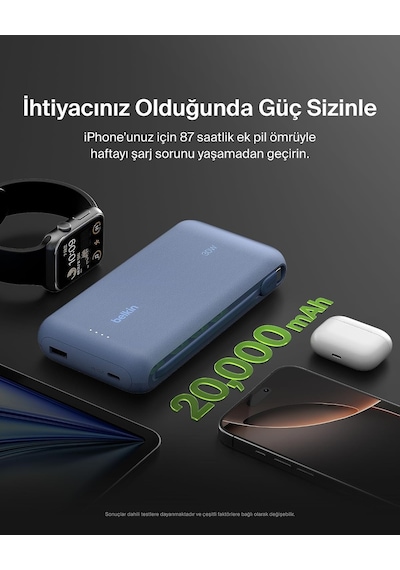 Taşınabilir Şarj Cihazı, 20k Entegre Kablolu Taşınabilir, 30 W Güç İletimli Hızlı Şarj, Usb-c, İphone 17, İpad Pro, Galaxy S25 Serisi Ve Daha Fazlası, Mavi