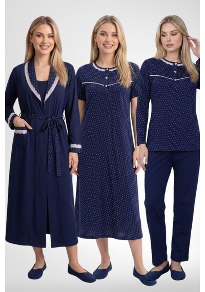 Mecit Pijama Mecit 6393 Lacivert Pamuklu Kadın Sabahlık Pijama Gecelik Seti