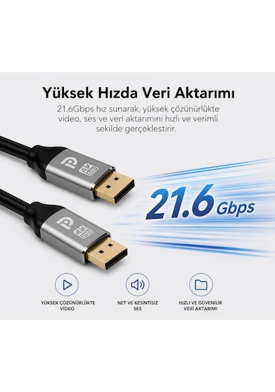 3 Metre Displayport 1.2 Premium 4k Uhd Kablo - 21.6gbps Hız, 4k 60hz, 2k 165hz, 1080p, Ultra Hd, Displayport 1.2 Uyumlu Diğer