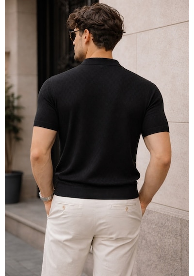 Erkek Fermuarlı Polo Yaka Triko Tişört Slim Fit Dokulu Yazlık Şık Casual Siyah