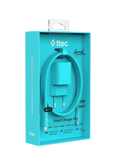 Ttec Smartcharger Gan 45W Avs PD Seyahat Hızlı Şarj Aleti + USB-C - USB-C 3A 120 CM Kablo Neon Mavi