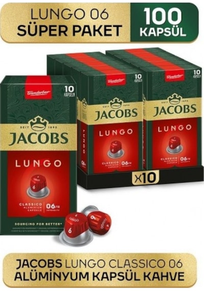 Jacobs Lungo 6 Classic Nespresso Uyumlu Kapsül Kahve 10 Lu X 10 PKT.JACOBS.021 Kapsül Kahve