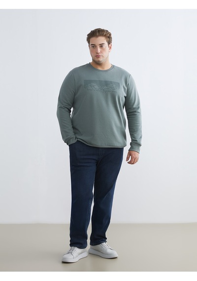 Lcwaıkıkı Classic Yeşil Büyük Beden Bisiklet Yaka Baskılı Erkek Kalın Sweatshirt
