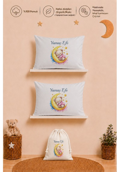 İsme Özel Erkek Bebek Hediyesi 2 Adet 35x45 %100 Pamuk Yastık Kılıfı Ve Ham Bez Bebek Kıyafet Kesesi 1109y2kyx
