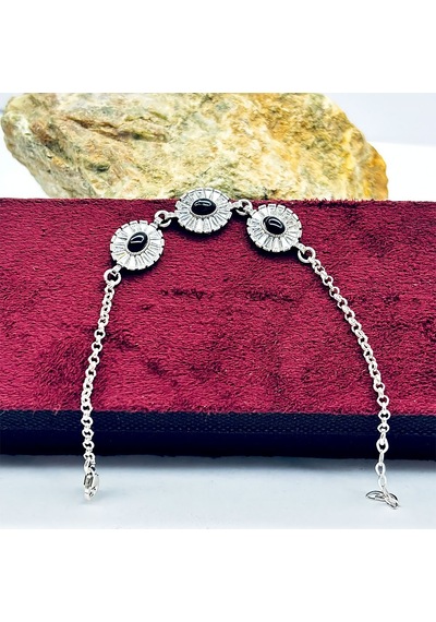 Oval Model Zirkon Ve Oltu Taşı İşçilikli 925 Ayar Gümüş Bileklik Gümüş  - Siyah
