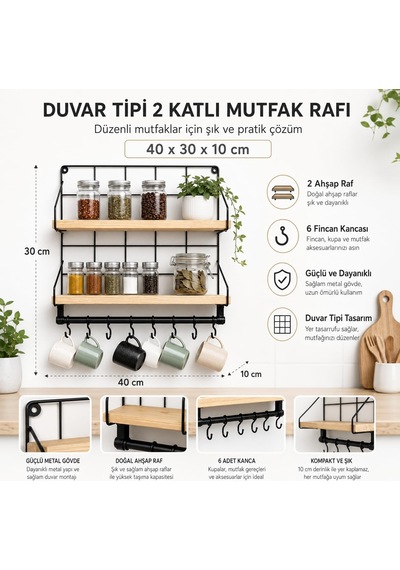 Sogud Mutfak Rafı - 2 Katlı Baharatlık Ve 6'li Kupa Askısı - Duvar Tipi Metal Ahşap Mutfak Düzenleyici - 40x30x10 Cm - Çay Kahve Organizeri - Çivi Ve